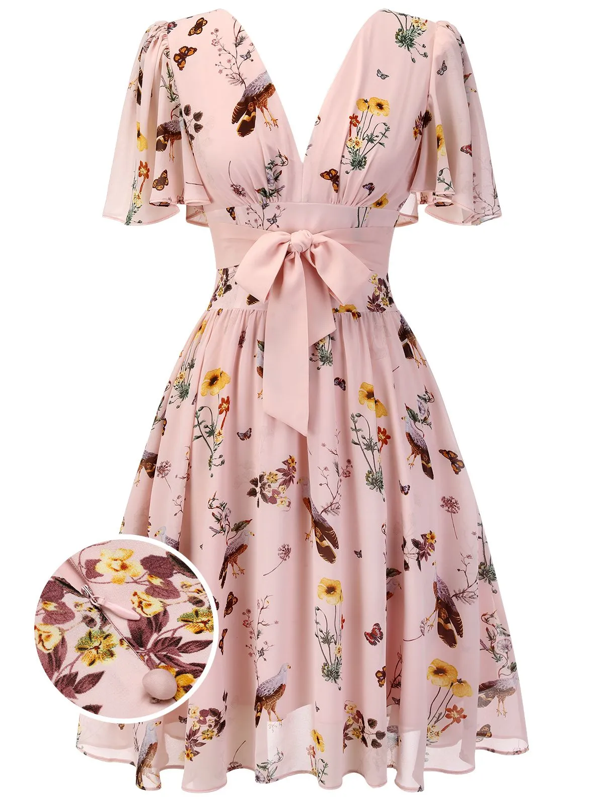 Pink Flowers And Birds Bowknot V-Neck Dress sold by Retro Stage product image thumbnail 3
