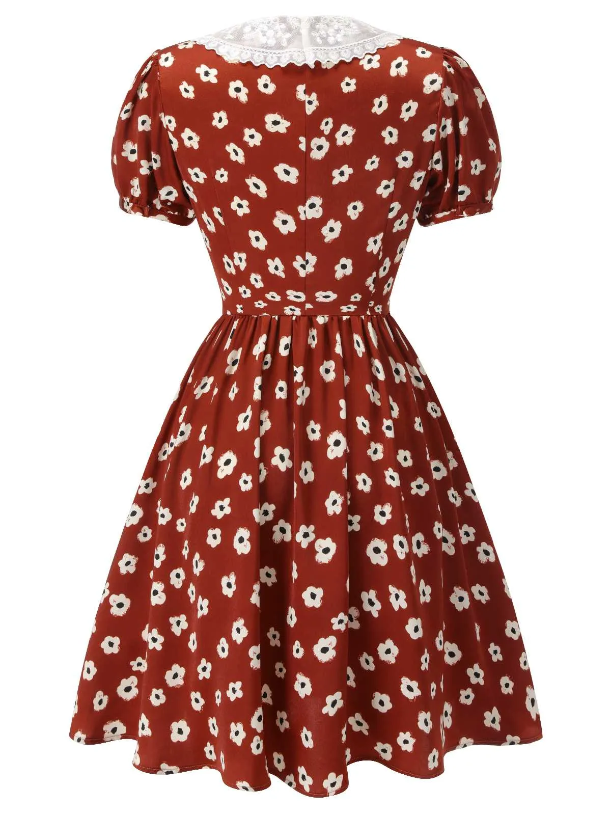 Red 1960s Floral Puff Sleeve Flared Dress sold by Retro Stage product image thumbnail 4