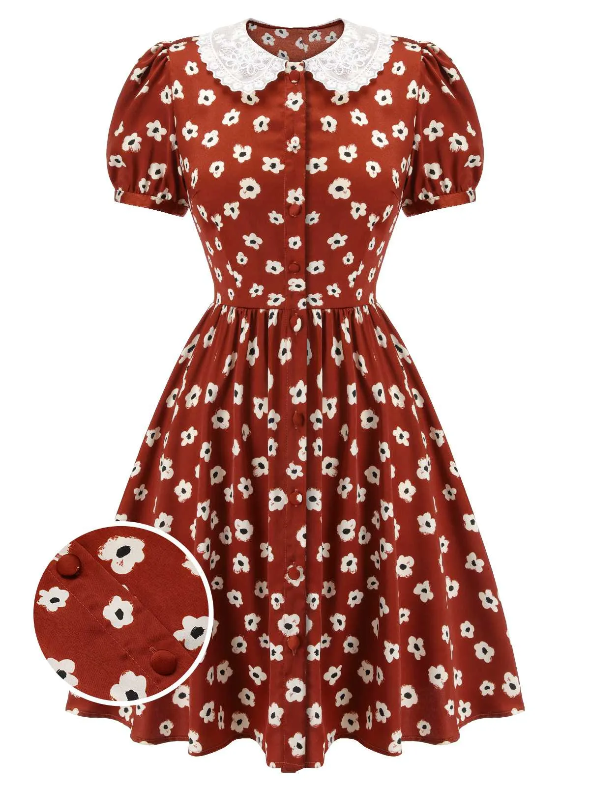 Red 1960s Floral Puff Sleeve Flared Dress sold by Retro Stage