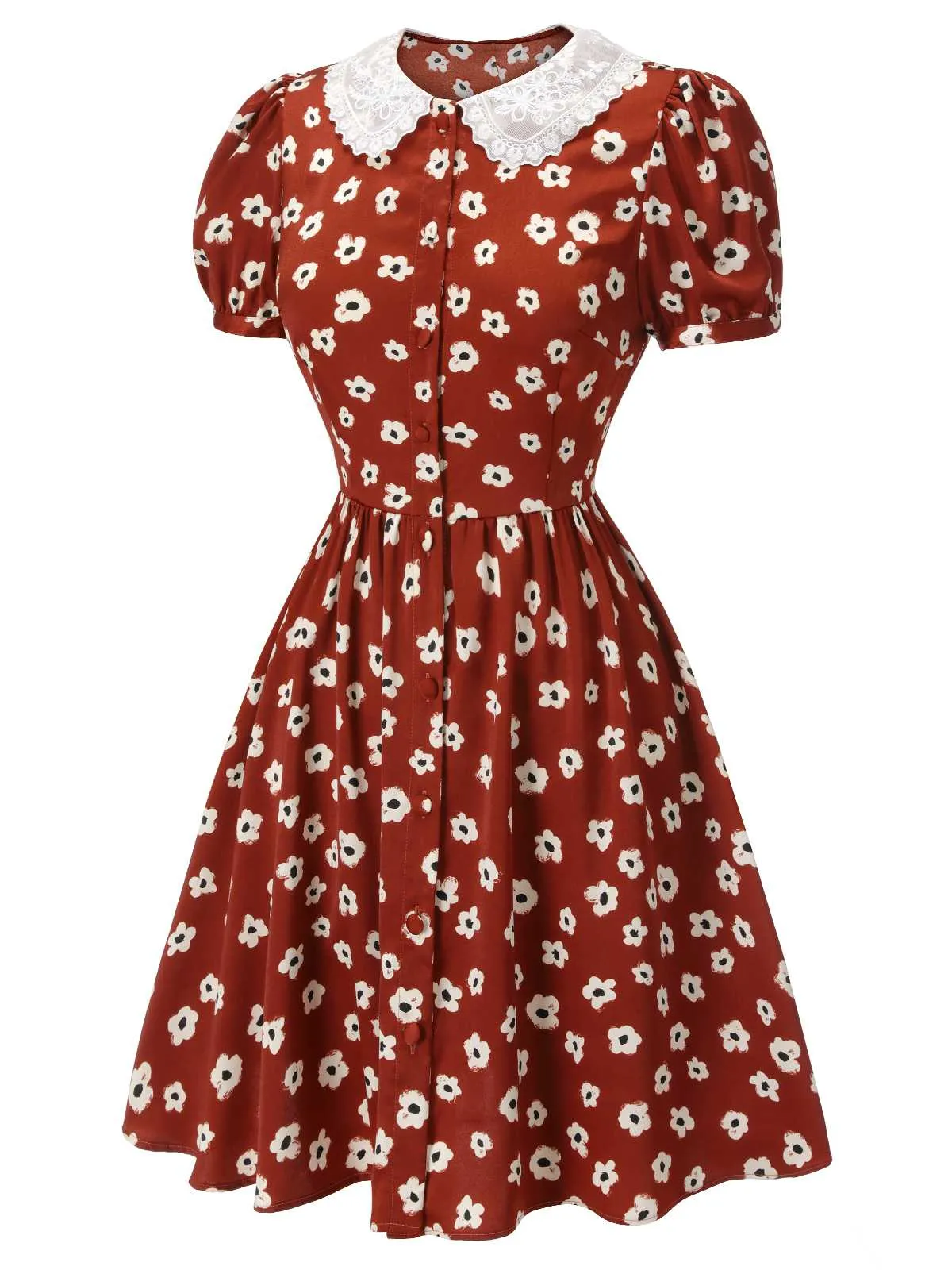Red 1960s Floral Puff Sleeve Flared Dress sold by Retro Stage product image thumbnail 3