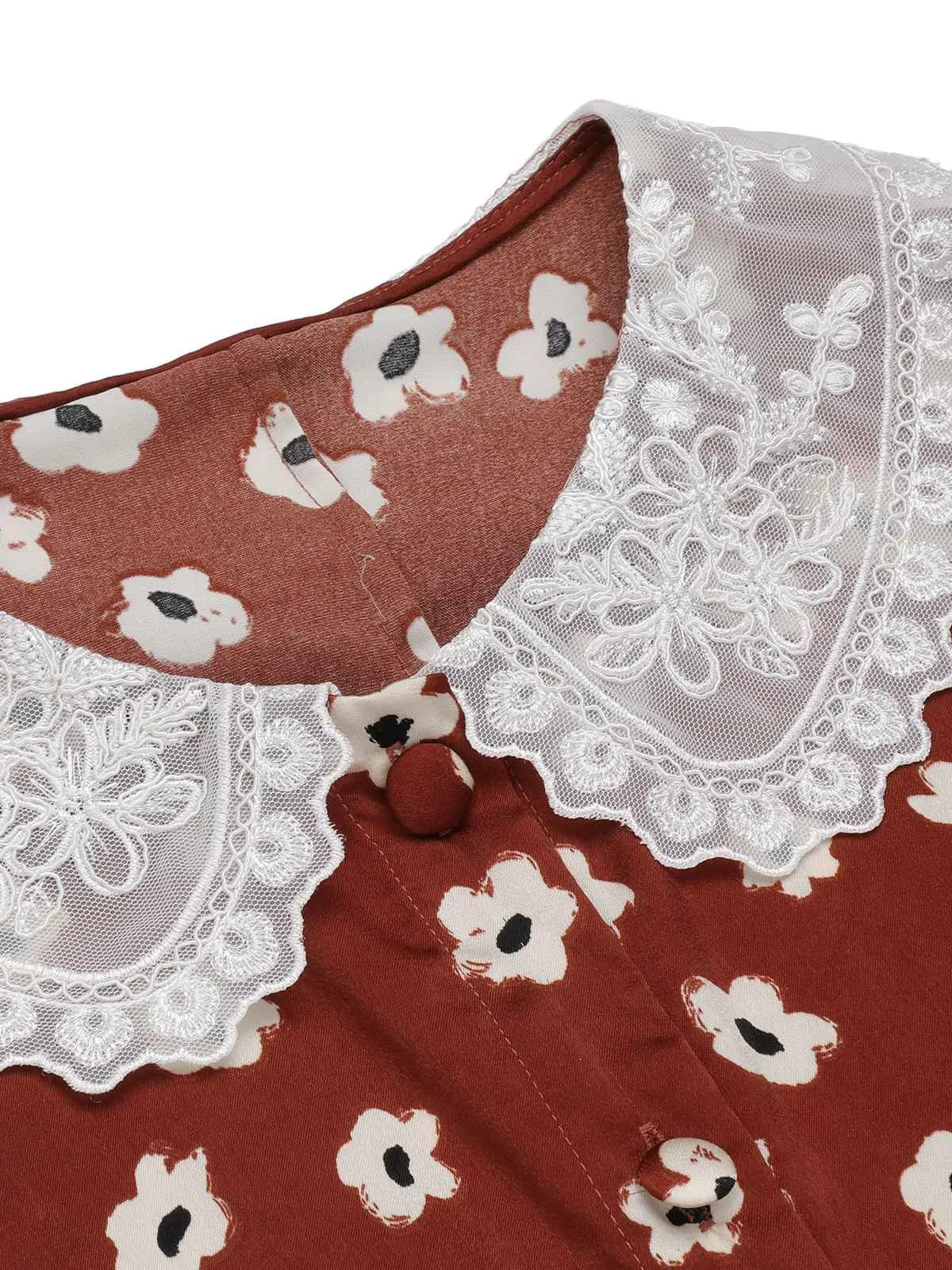 Red 1960s Floral Puff Sleeve Flared Dress sold by Retro Stage product image thumbnail 5