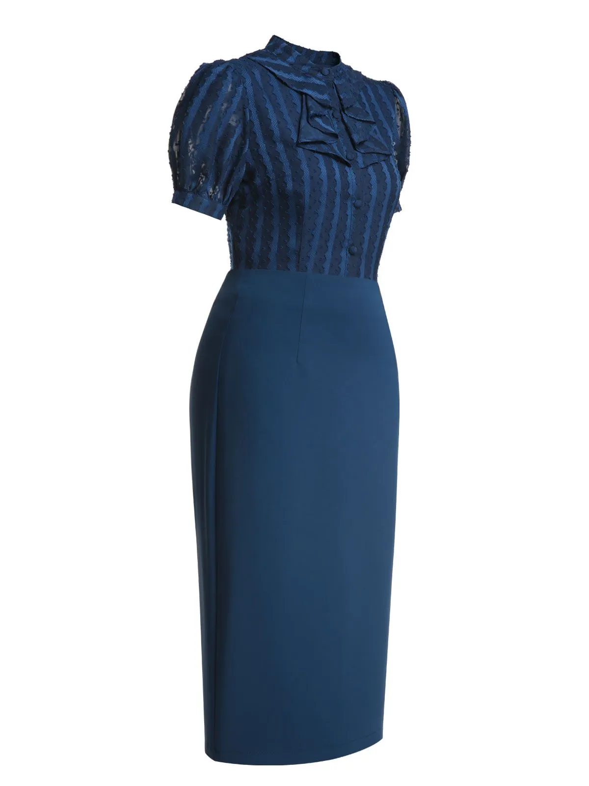 2PCS Navy Blue 1960s Stand Collar Shirt & Solid Wrap Skirts sold by Retro Stage product image thumbnail 3