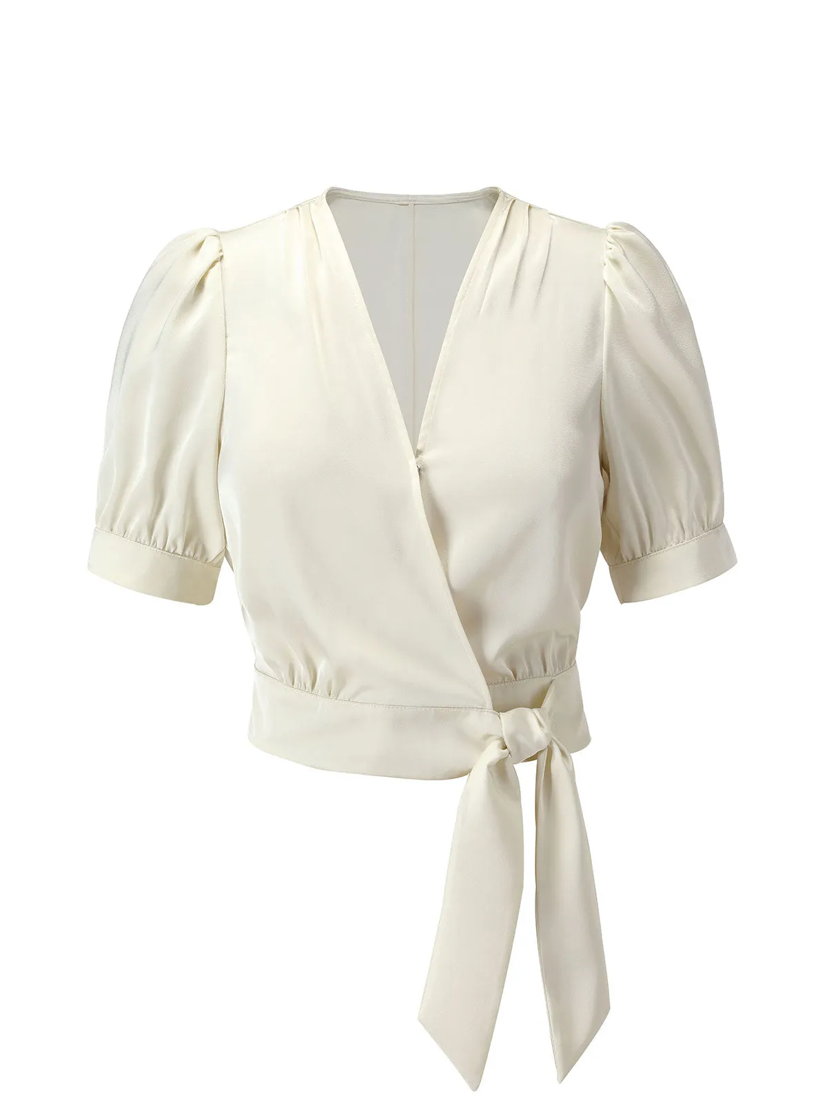 Beige 1950s Satin Puff Sleeve V-Neck Blouse sold by Retro Stage product image thumbnail 2
