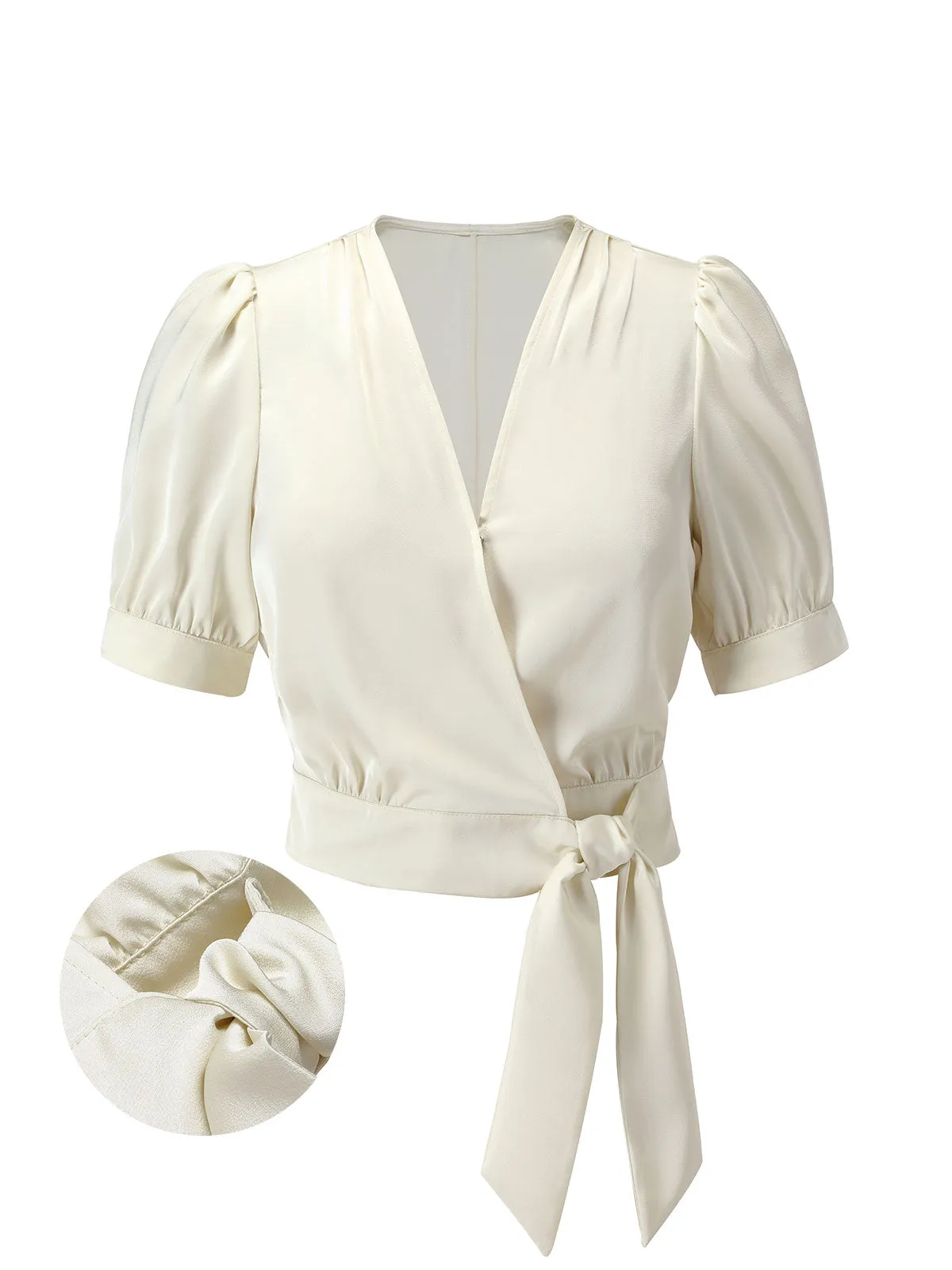 Beige 1950s Satin Puff Sleeve V-Neck Blouse sold by Retro Stage