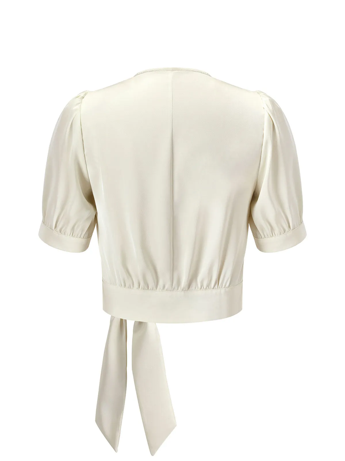 Beige 1950s Satin Puff Sleeve V-Neck Blouse sold by Retro Stage product image thumbnail 4
