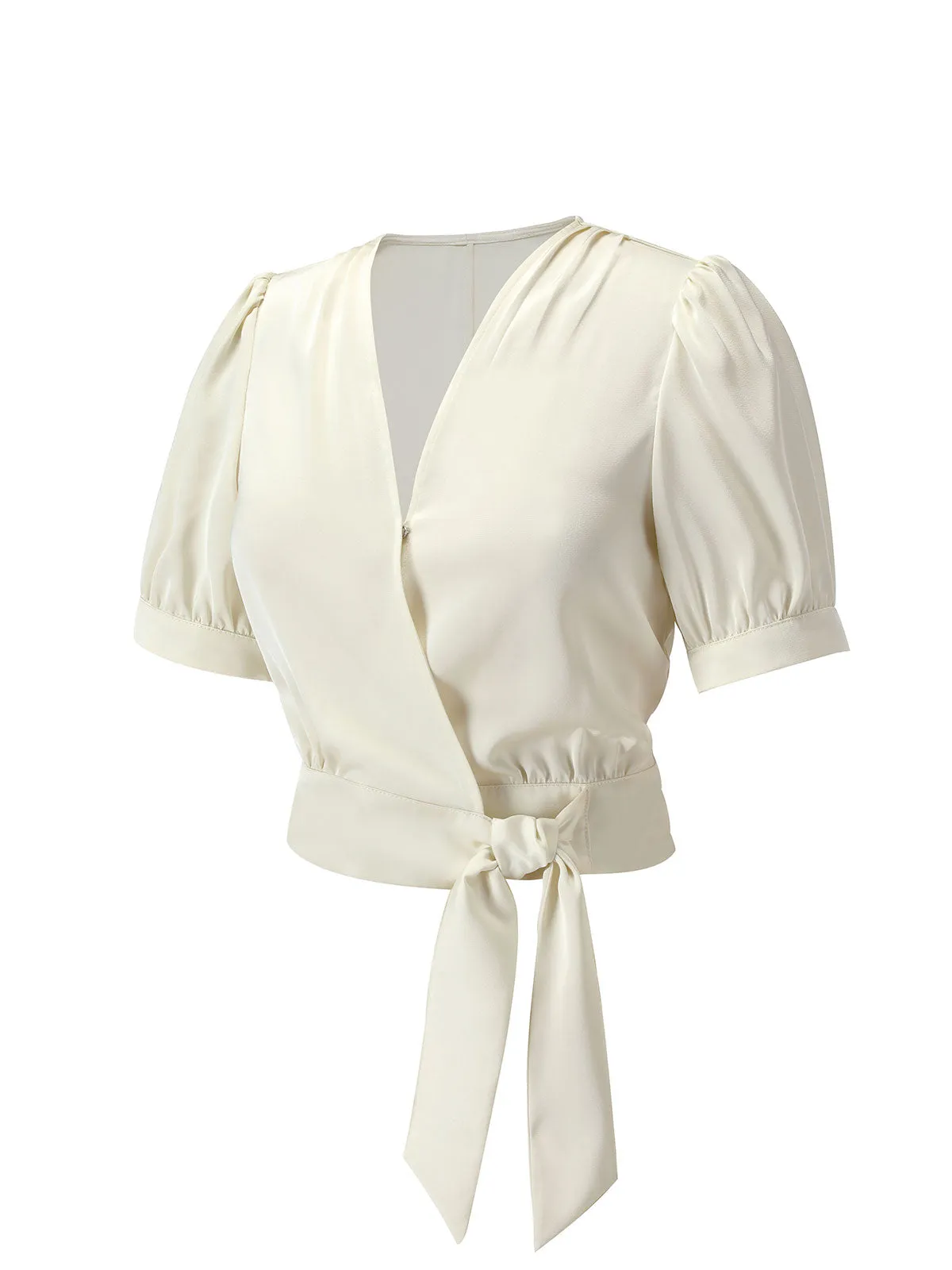Beige 1950s Satin Puff Sleeve V-Neck Blouse sold by Retro Stage product image thumbnail 3