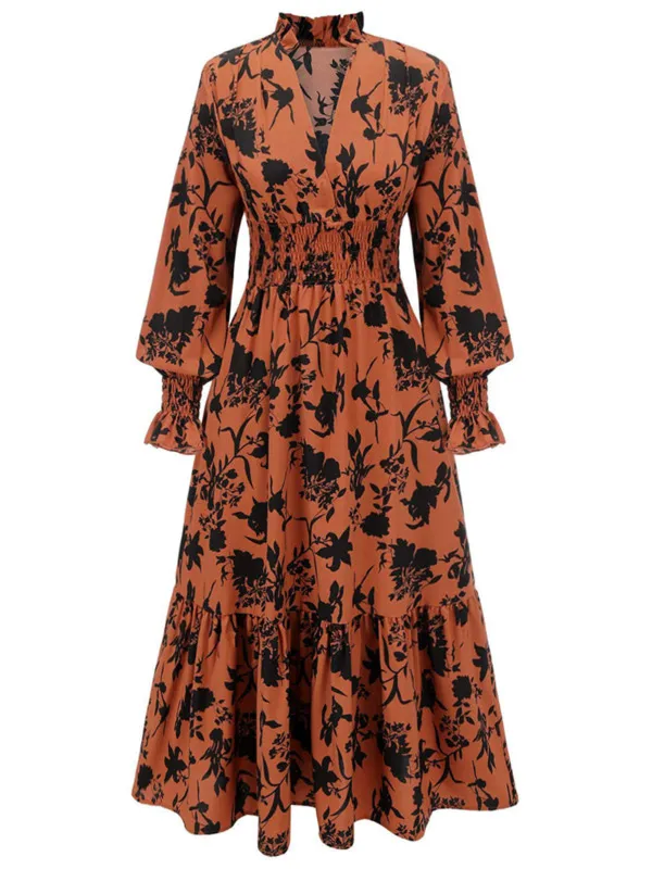 Orange 1950s Floral V-Neck High Waist Dress sold by Retro Stage