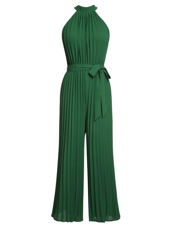 Green 1930s Solid Pleated Halter Jumpsuit sold by Retro Stage