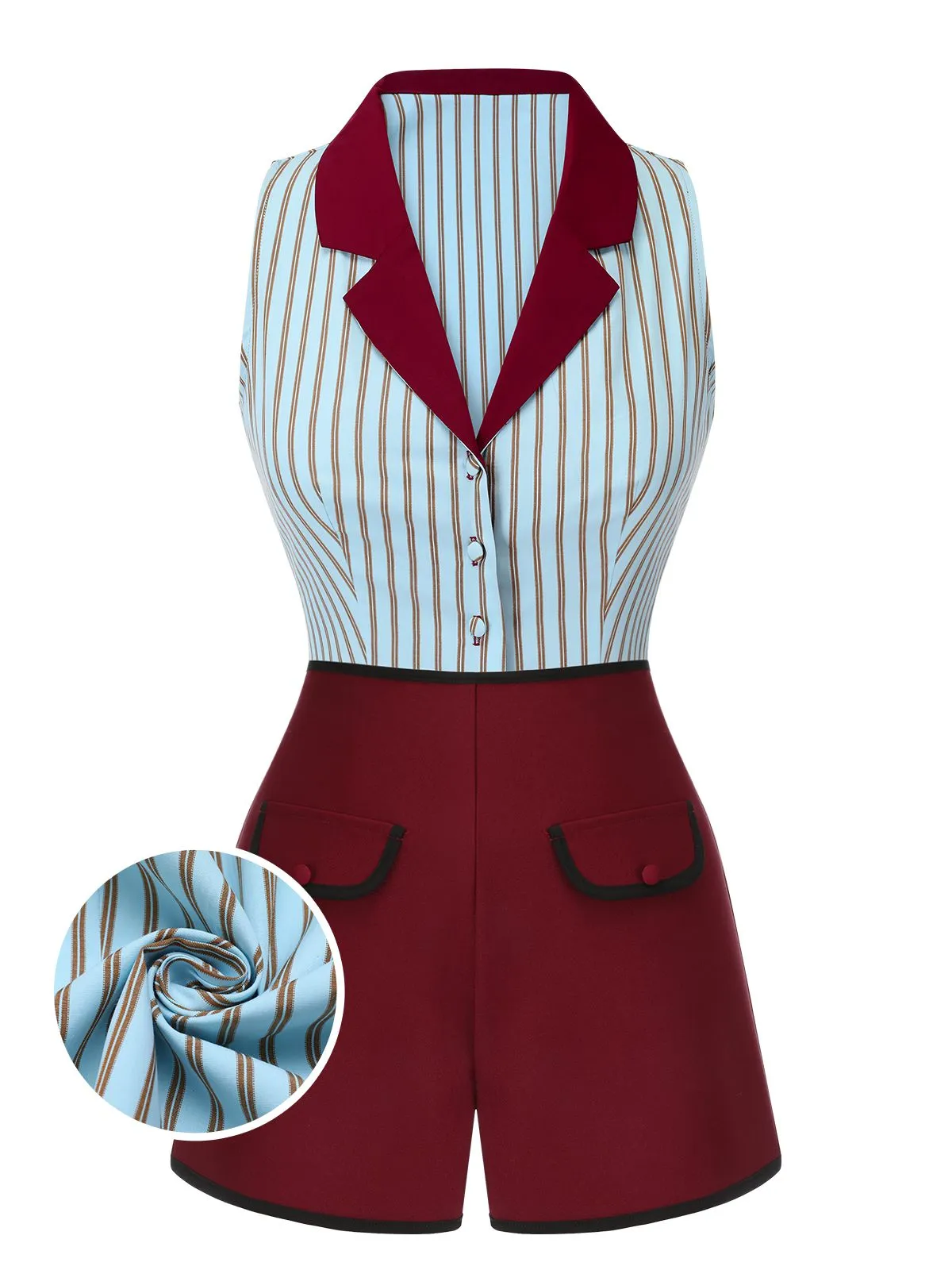 2PCS 1950s Blue Stripes Patchwork Blouse & Red Solid Shorts sold by Retro Stage