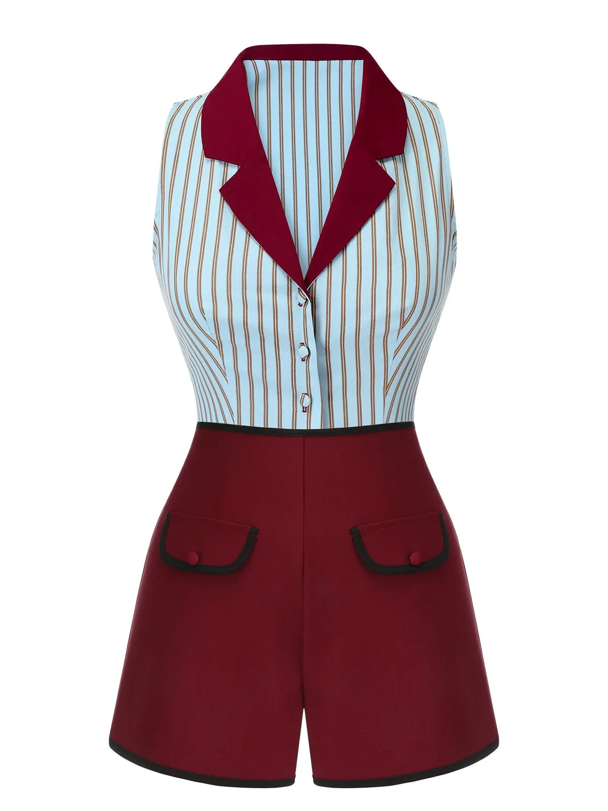 2PCS 1950s Blue Stripes Patchwork Blouse & Red Solid Shorts sold by Retro Stage product image thumbnail 2