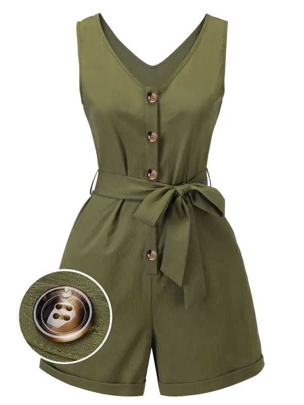 Olive Green 1950s V-Neck Button Waist Tie Romper sold by Retro Stage