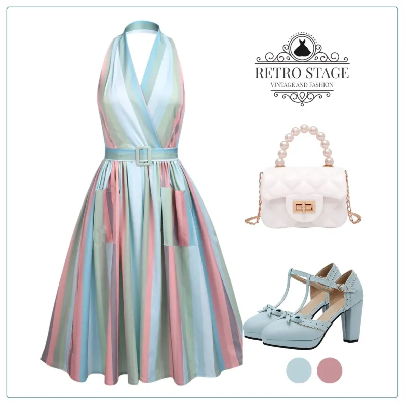 Rainbow 1950s Stripe Pocket Swing Dress sold by Retro Stage