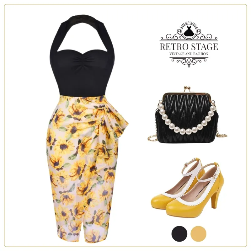 Black 1960s Halter Sunflower Pencil Dress sold by Retro Stage