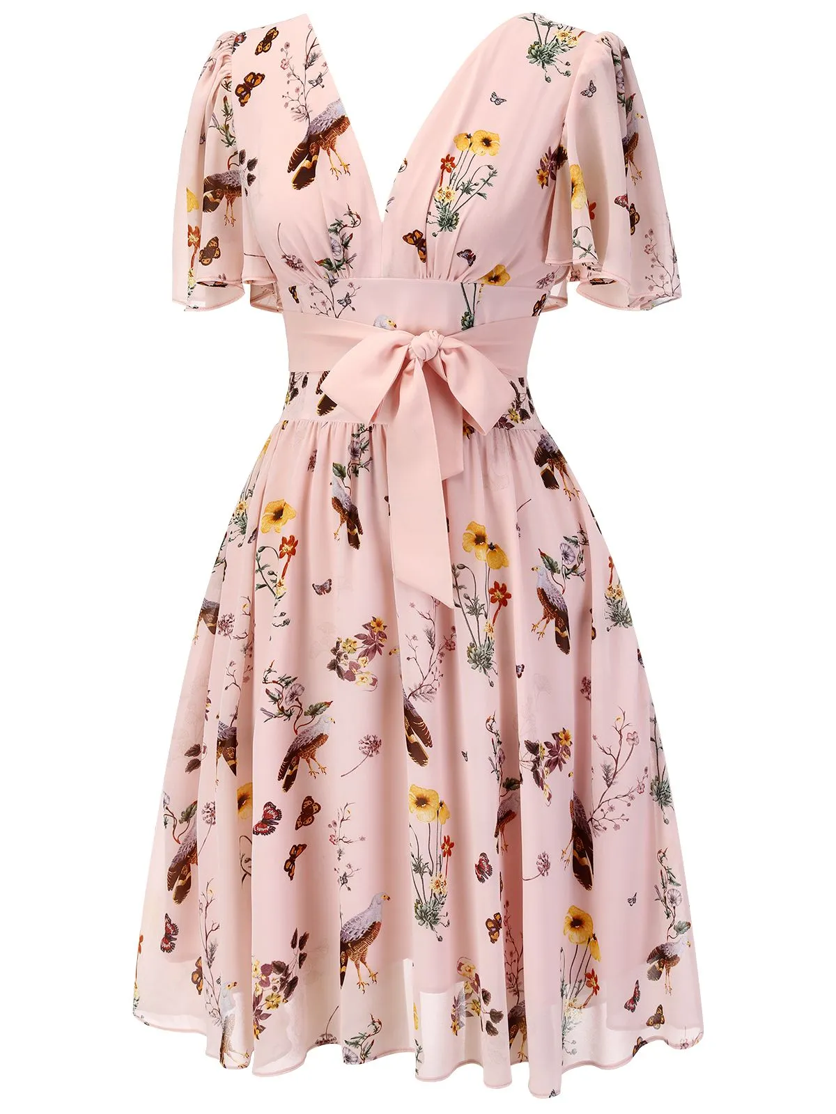 Pink Flowers And Birds Bowknot V-Neck Dress sold by Retro Stage product image thumbnail 4