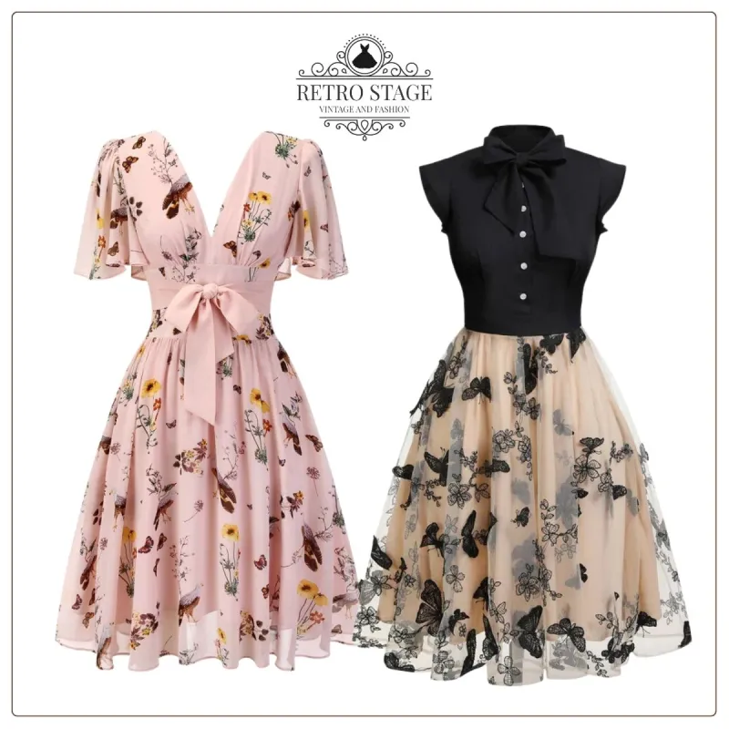 Pink Flowers And Birds Bowknot V-Neck Dress sold by Retro Stage