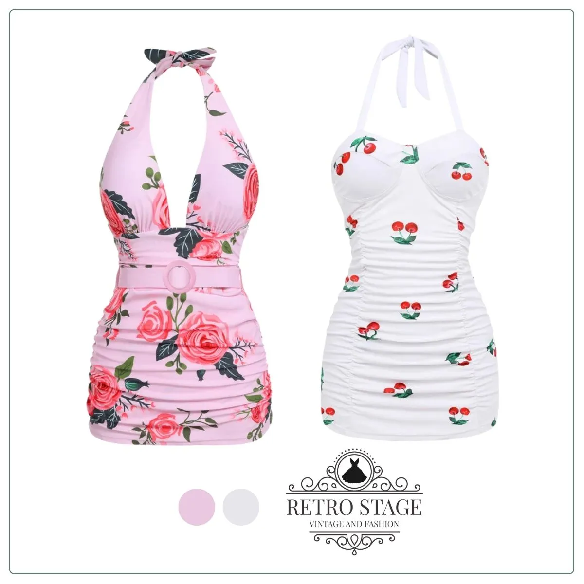 Pink 1930s Roses Halter Belt Swimsuit sold by Retro Stage