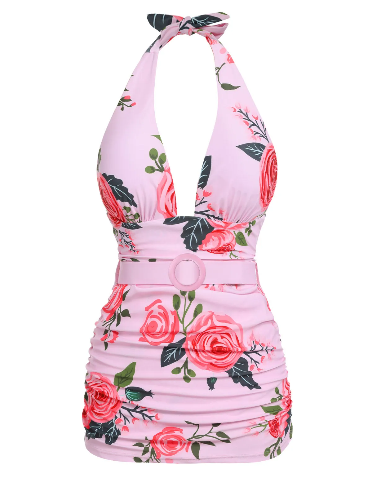 Pink 1930s Roses Halter Belt Swimsuit sold by Retro Stage product image thumbnail 3