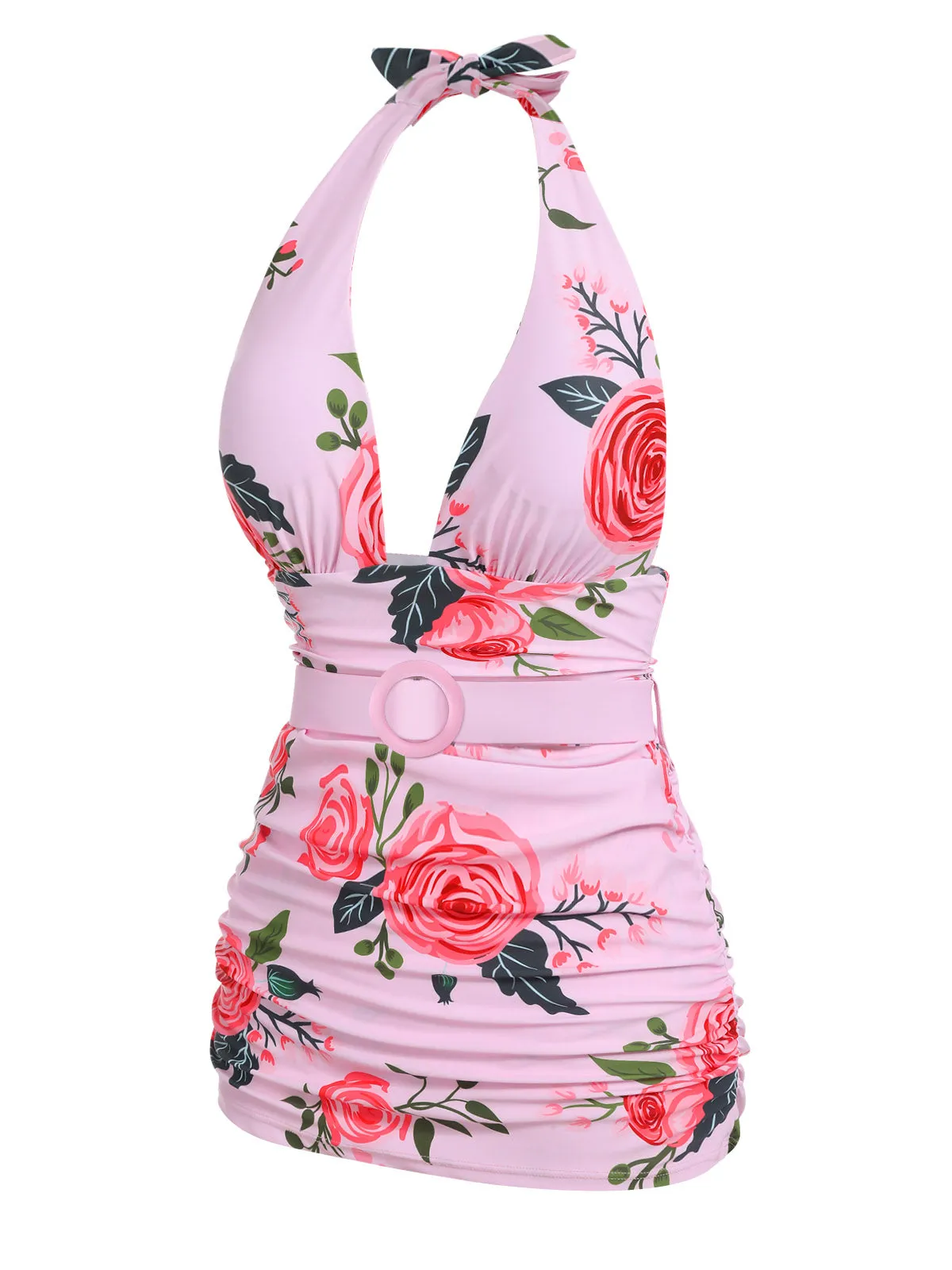 Pink 1930s Roses Halter Belt Swimsuit sold by Retro Stage product image thumbnail 4