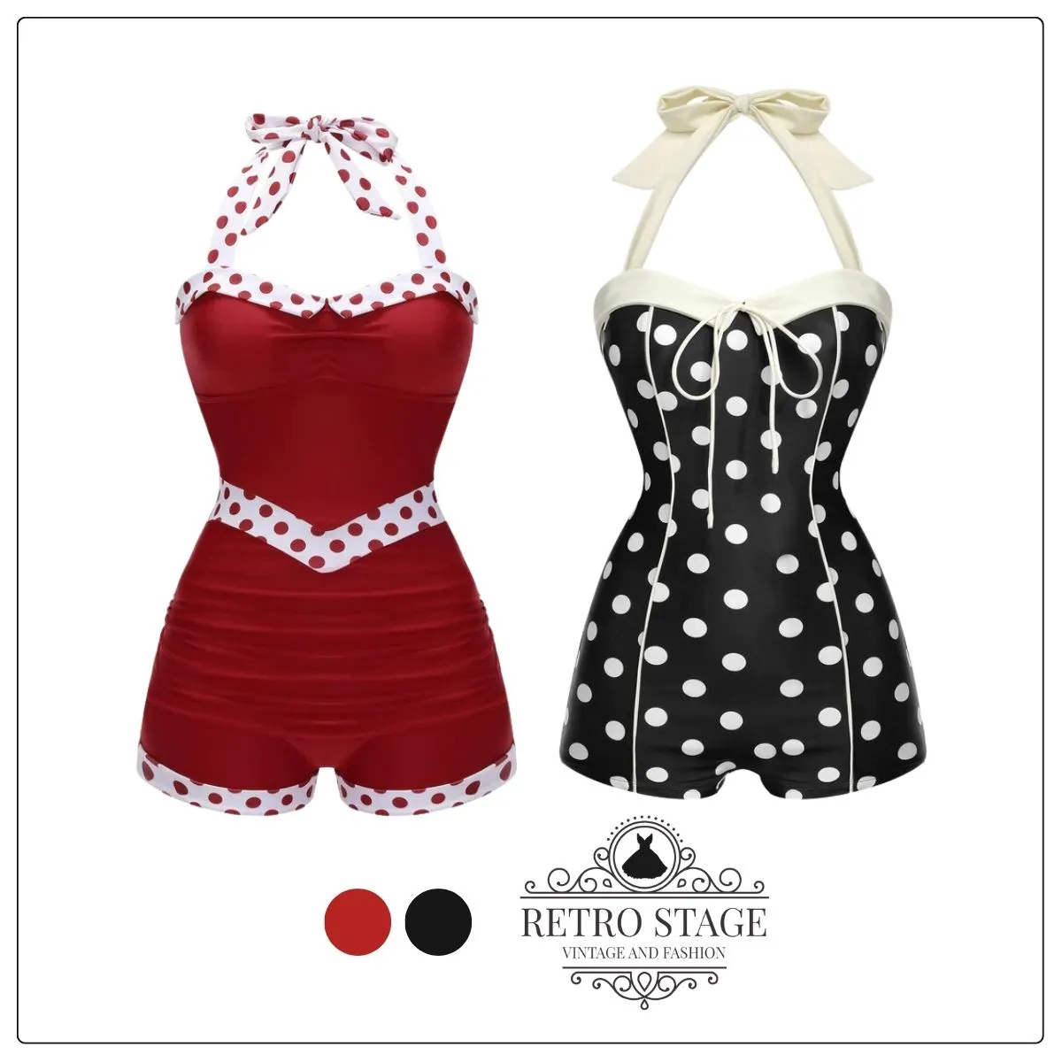 Red 1940s Halter Patchwork One-piece Swimsuit sold by Retro Stage