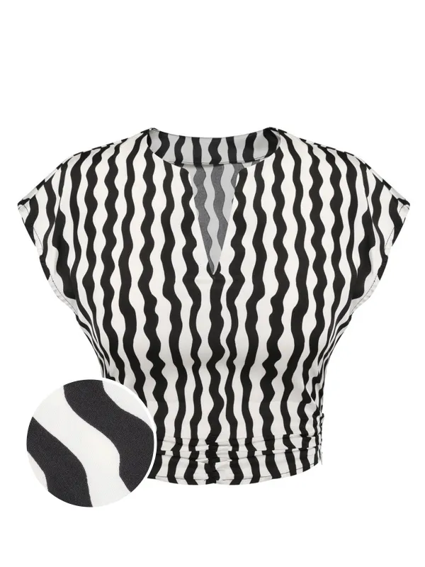 Black & White 1950s Curve Print Blouse sold by Retro Stage