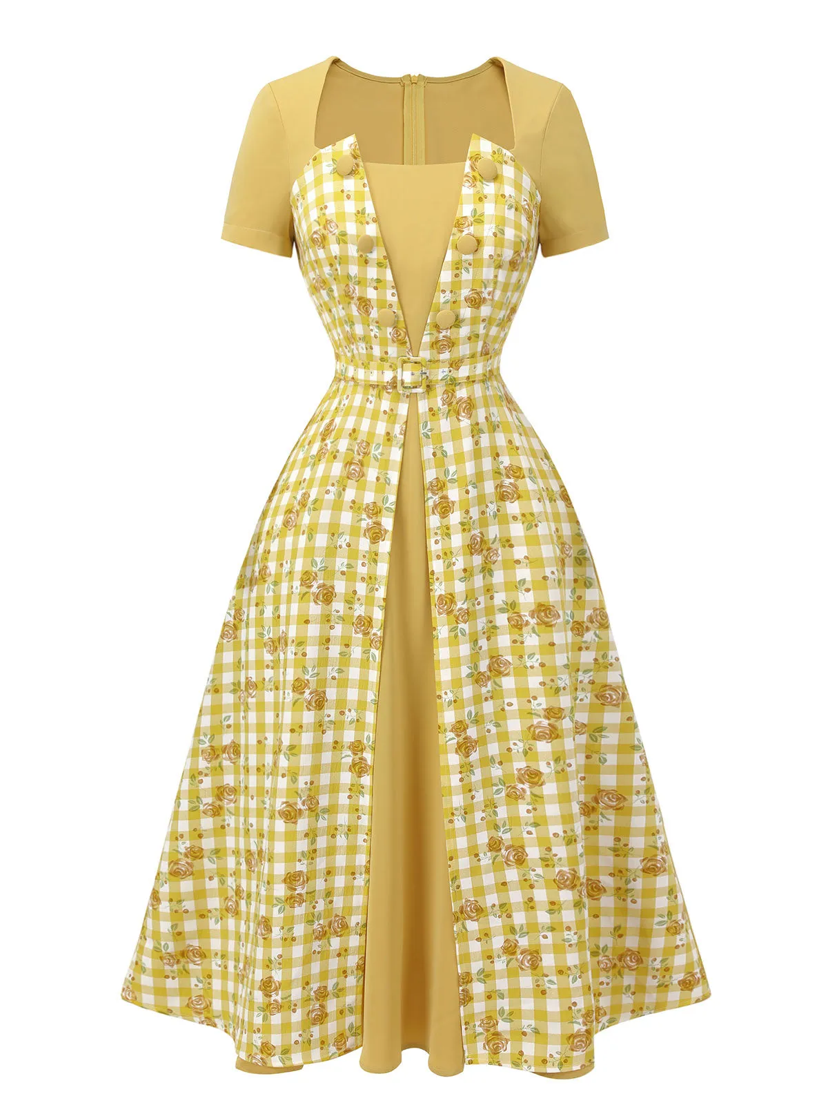 Yellow 1950s Plaid Rose Panel Raglan Dress sold by Retro Stage product image thumbnail 2