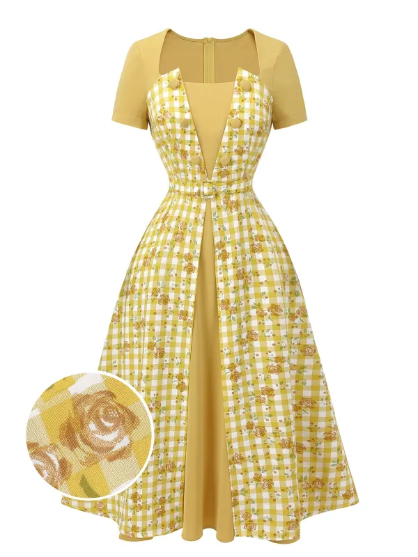 Yellow 1950s Plaid Rose Panel Raglan Dress sold by Retro Stage