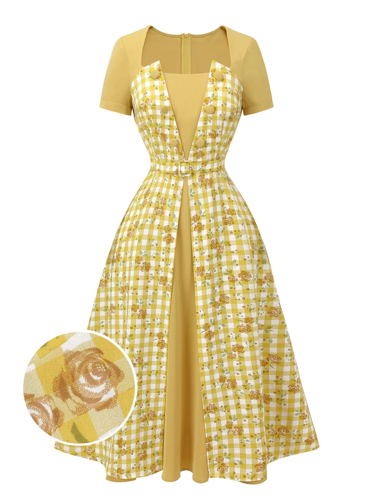 Yellow 1950s Plaid Rose Panel Raglan Dress sold by Retro Stage