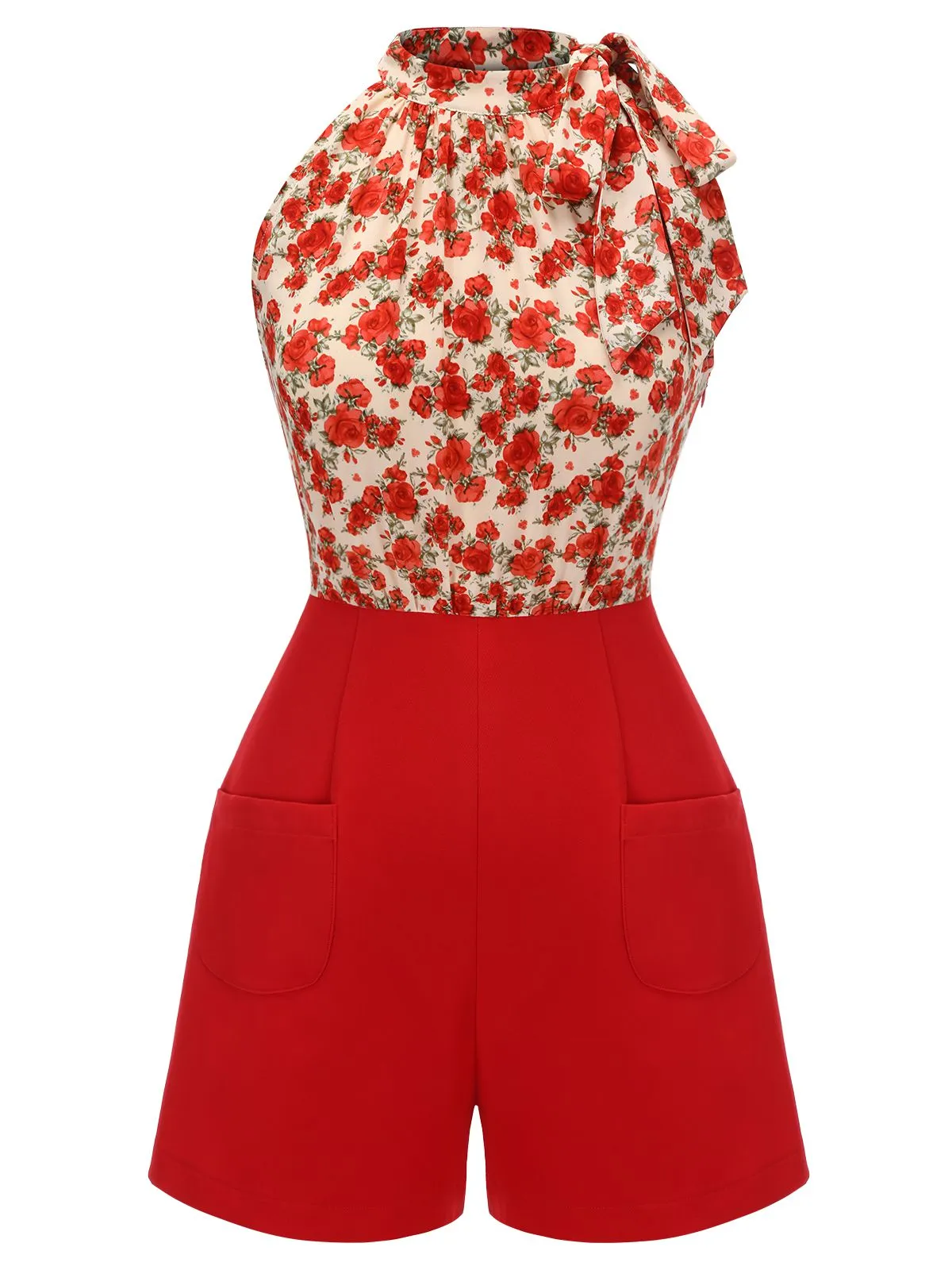 Deep Red 1950s Rose Lace Up Patchwork Romper sold by Retro Stage product image thumbnail 2