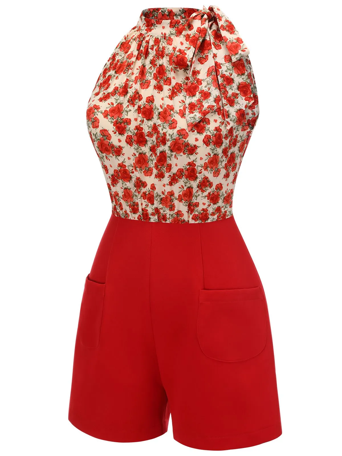 Deep Red 1950s Rose Lace Up Patchwork Romper sold by Retro Stage product image thumbnail 3