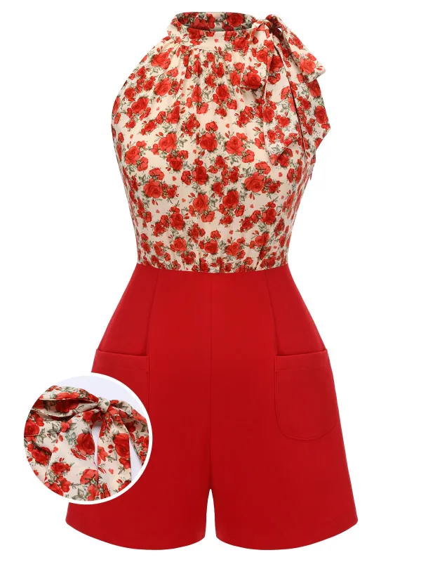 Deep Red 1950s Rose Lace Up Patchwork Romper sold by Retro Stage