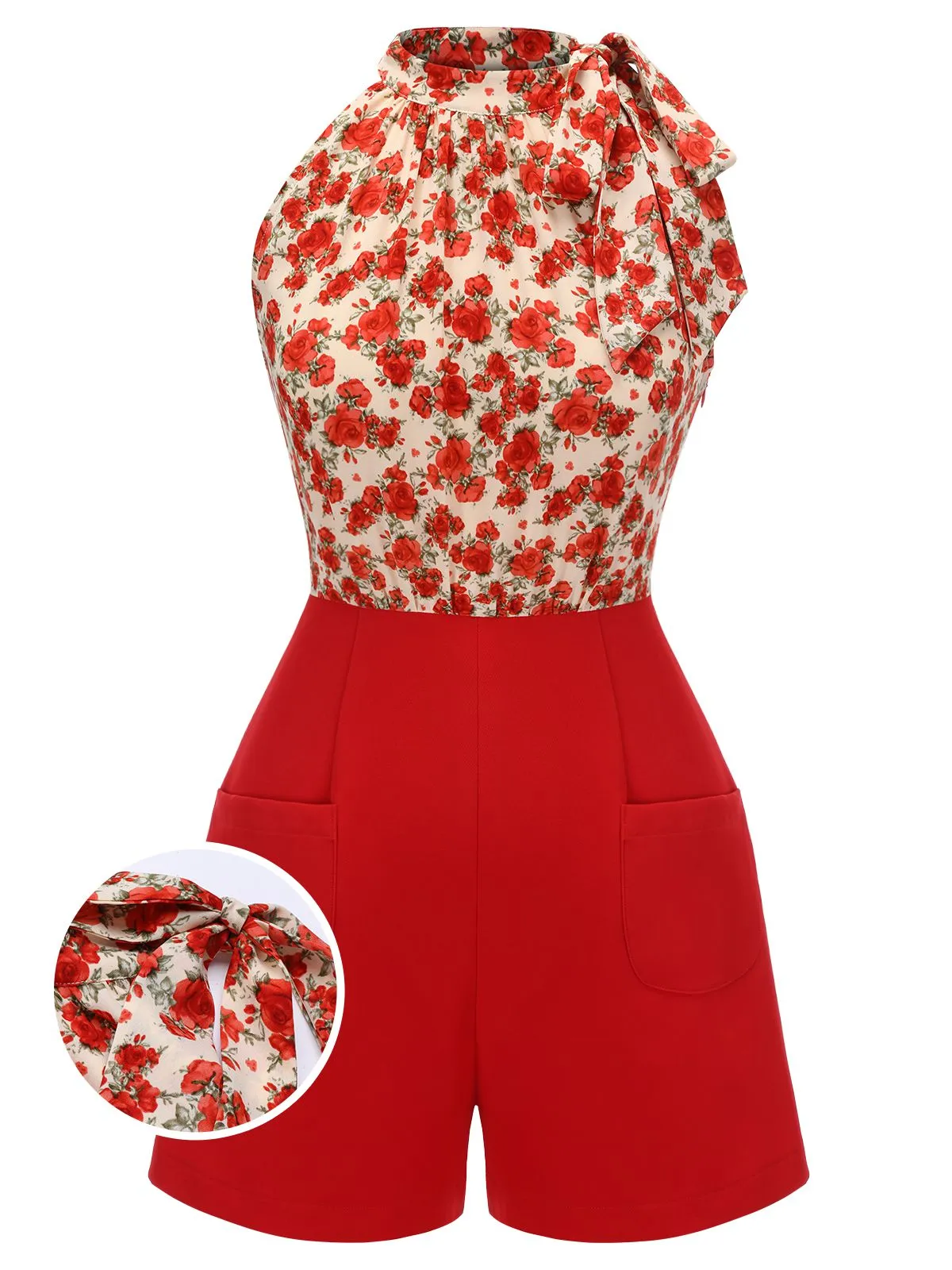 Deep Red 1950s Rose Lace Up Patchwork Romper sold by Retro Stage