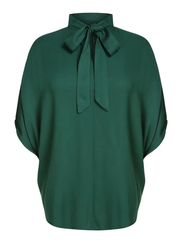 Green 1950s Solid Ribbon Collar Satin Blouse sold by Retro Stage