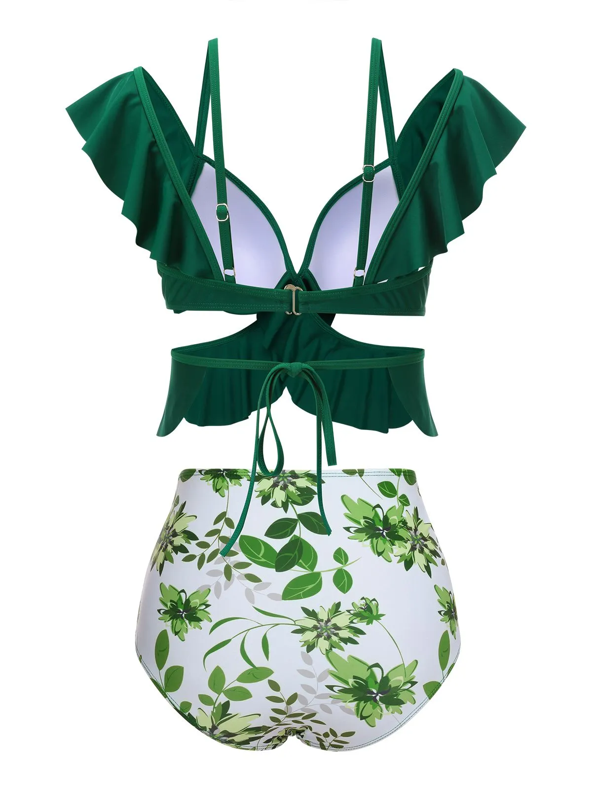 Green 1940s Ruffles Floral Spaghetti Strap Swimsuit sold by Retro Stage product image thumbnail 2