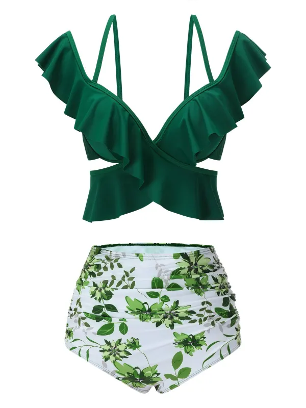 Green 1940s Ruffles Floral Spaghetti Strap Swimsuit sold by Retro Stage