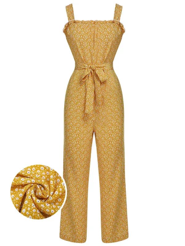 Yellow 1930s Floral Ruffles Tie Jumpsuit sold by Retro Stage