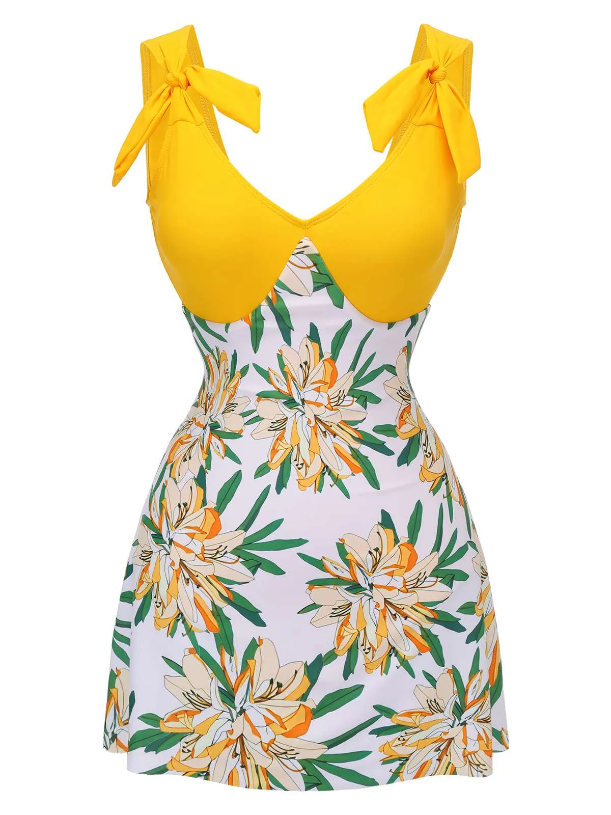 Yellow 1940s Floral Patchwork One-Piece Swimsuit sold by Retro Stage product image thumbnail 2