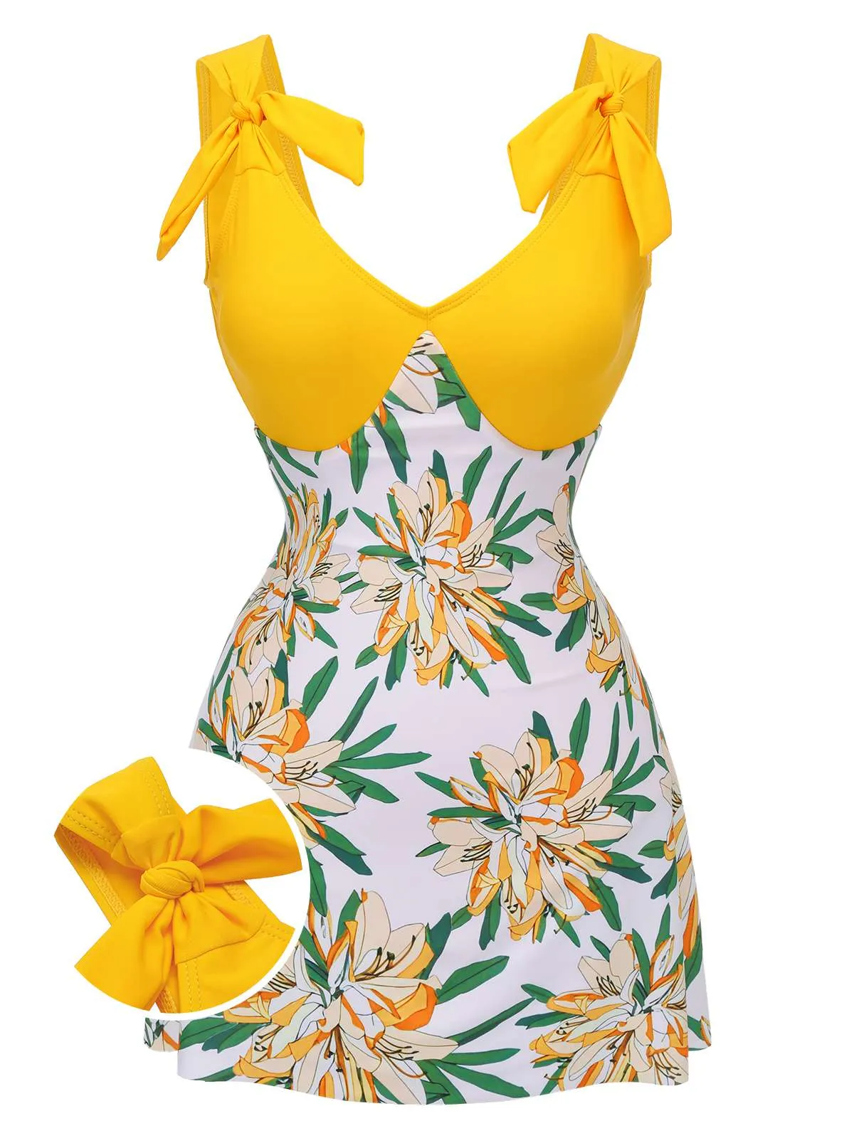 Yellow 1940s Floral Patchwork One-Piece Swimsuit sold by Retro Stage