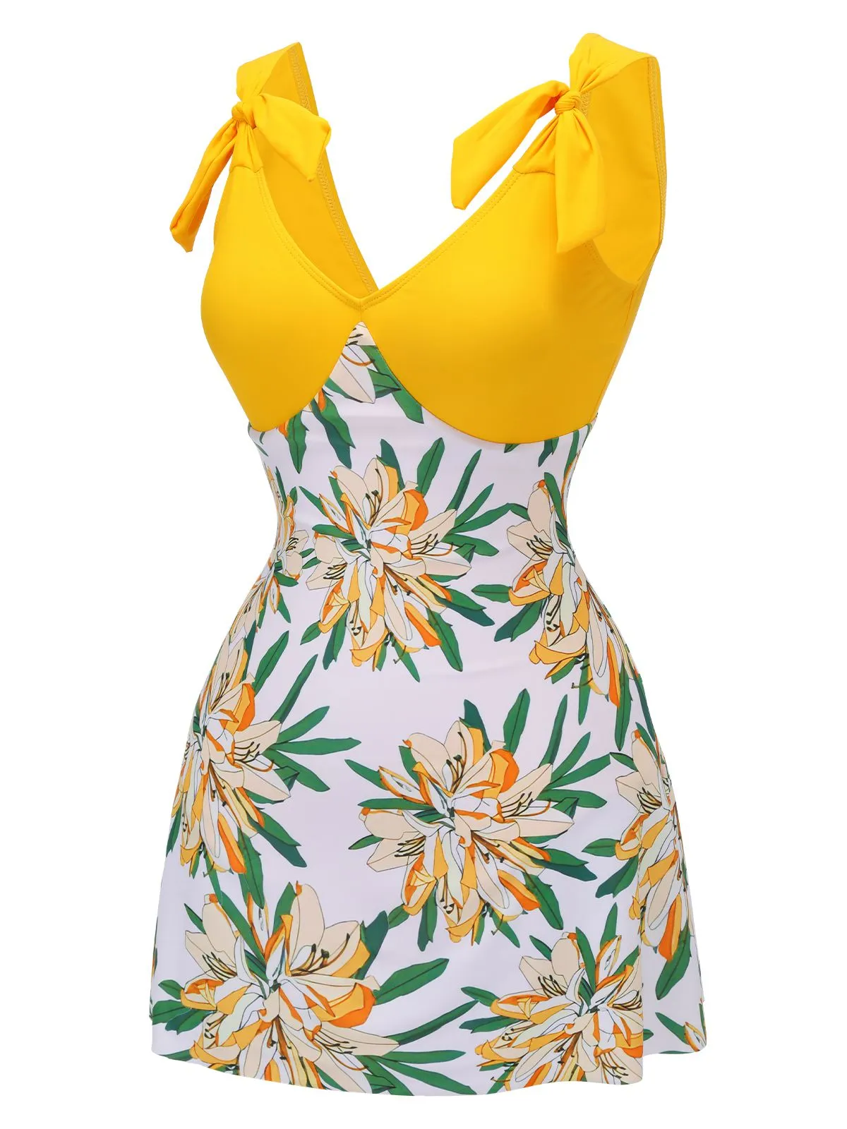 Yellow 1940s Floral Patchwork One-Piece Swimsuit sold by Retro Stage product image thumbnail 3