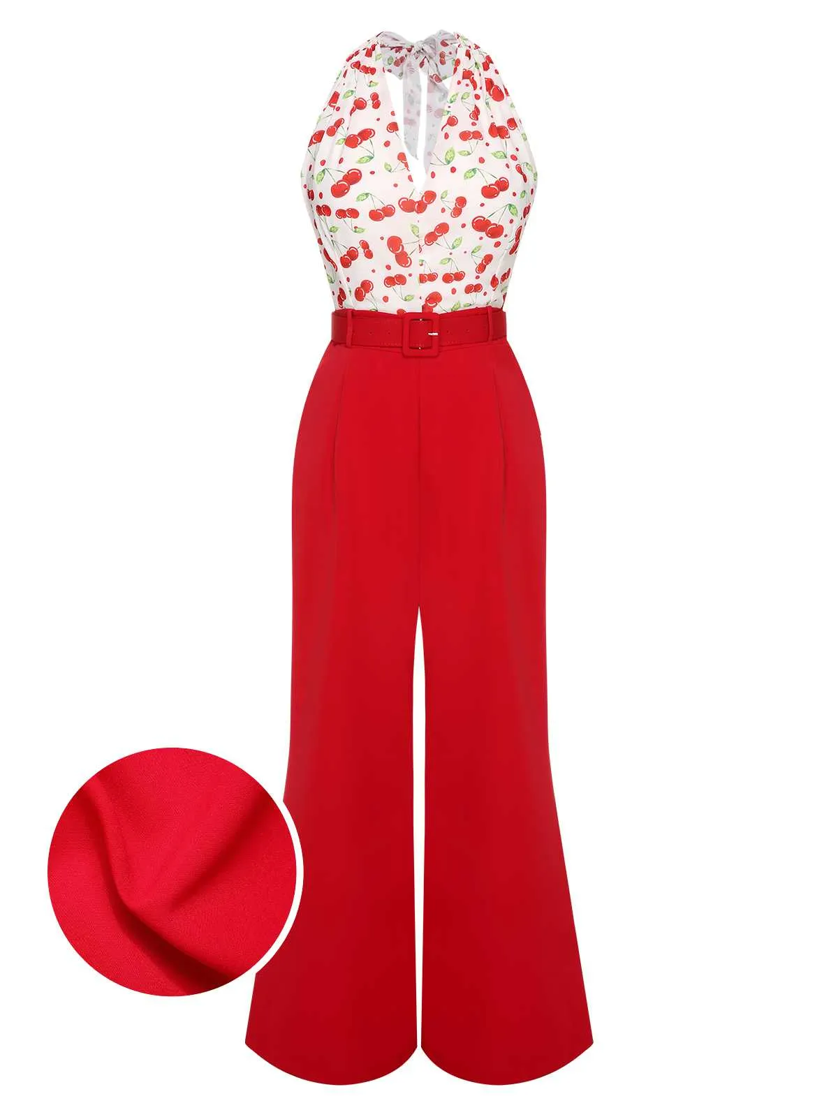 Red 1930s Cherry Belted Halter Jumpsuit sold by Retro Stage