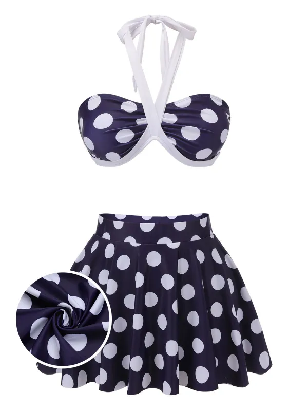 Navy Blue 1940s Polka Dot Halter Swimsuit sold by Retro Stage