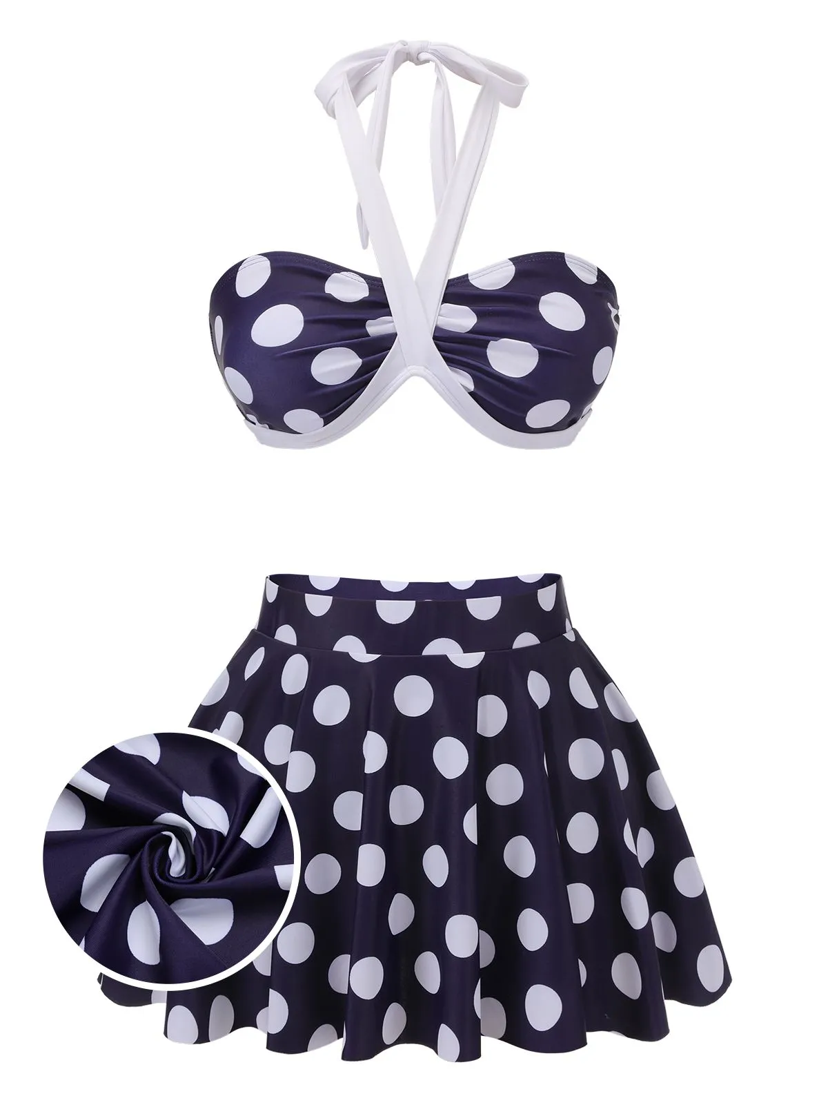 Navy Blue 1940s Polka Dot Halter Swimsuit sold by Retro Stage