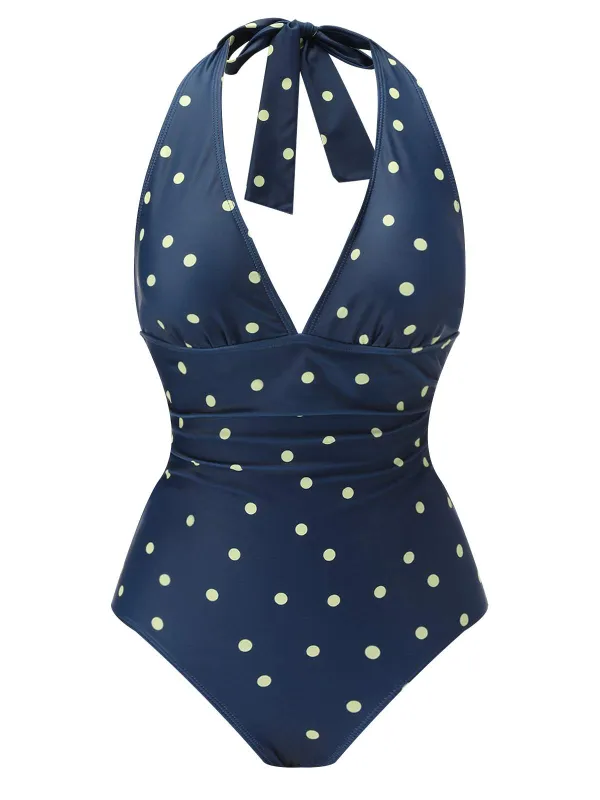 Blue 1960s Polka Dot Patchwork Halter Swimsuit sold by Retro Stage
