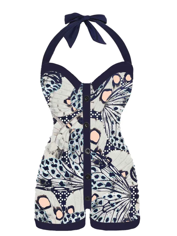 1950s Navy Blue Butterfly Halter Swimsuit sold by Retro Stage