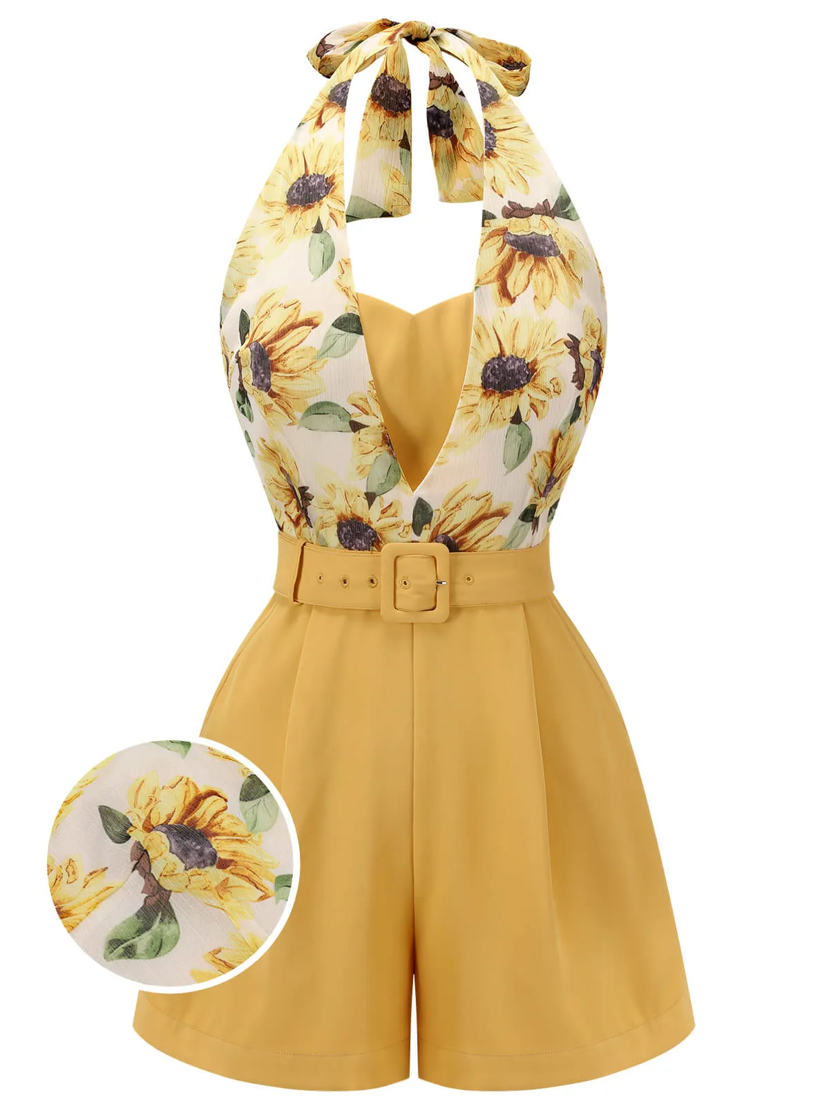 Yellow 1950s Sunflower Halter Romper sold by Retro Stage