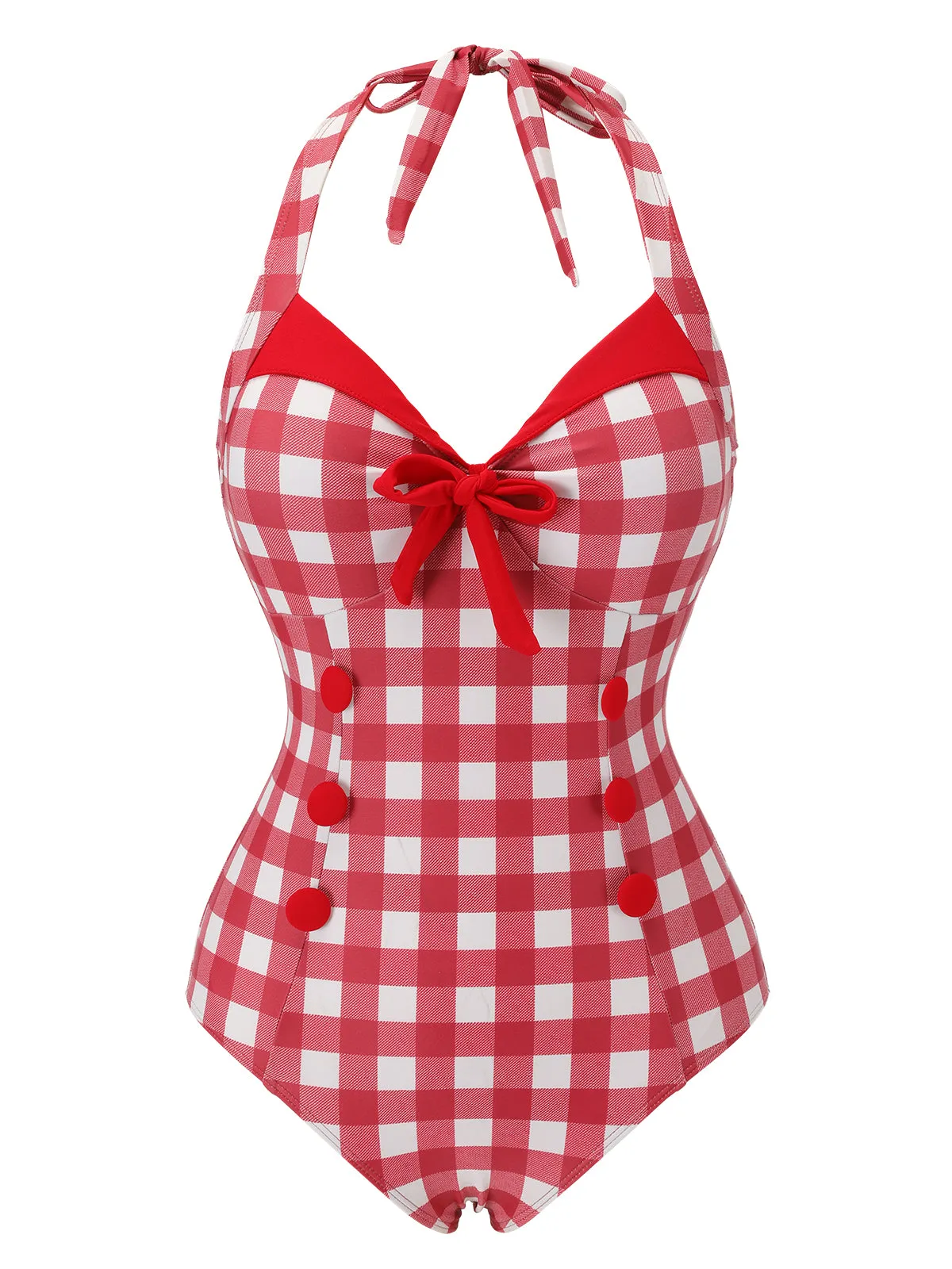 Red 1950s Plaids Added Bowknot Swimsuit sold by Retro Stage product image thumbnail 2