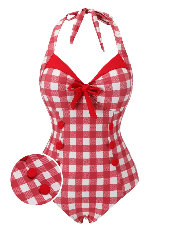 Red 1950s Plaids Added Bowknot Swimsuit sold by Retro Stage