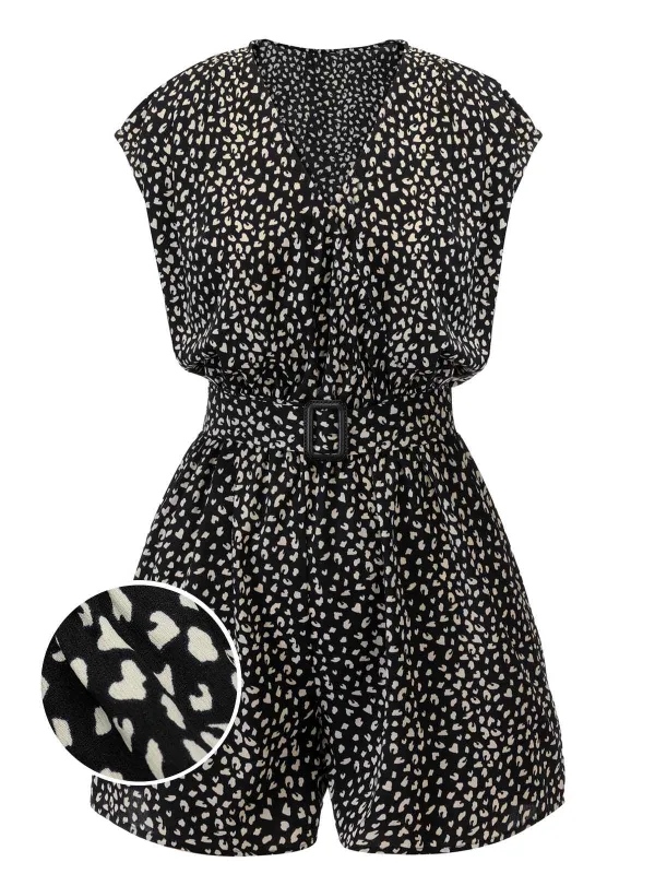Black 1950s Printed V-Neck Belted Romper sold by Retro Stage