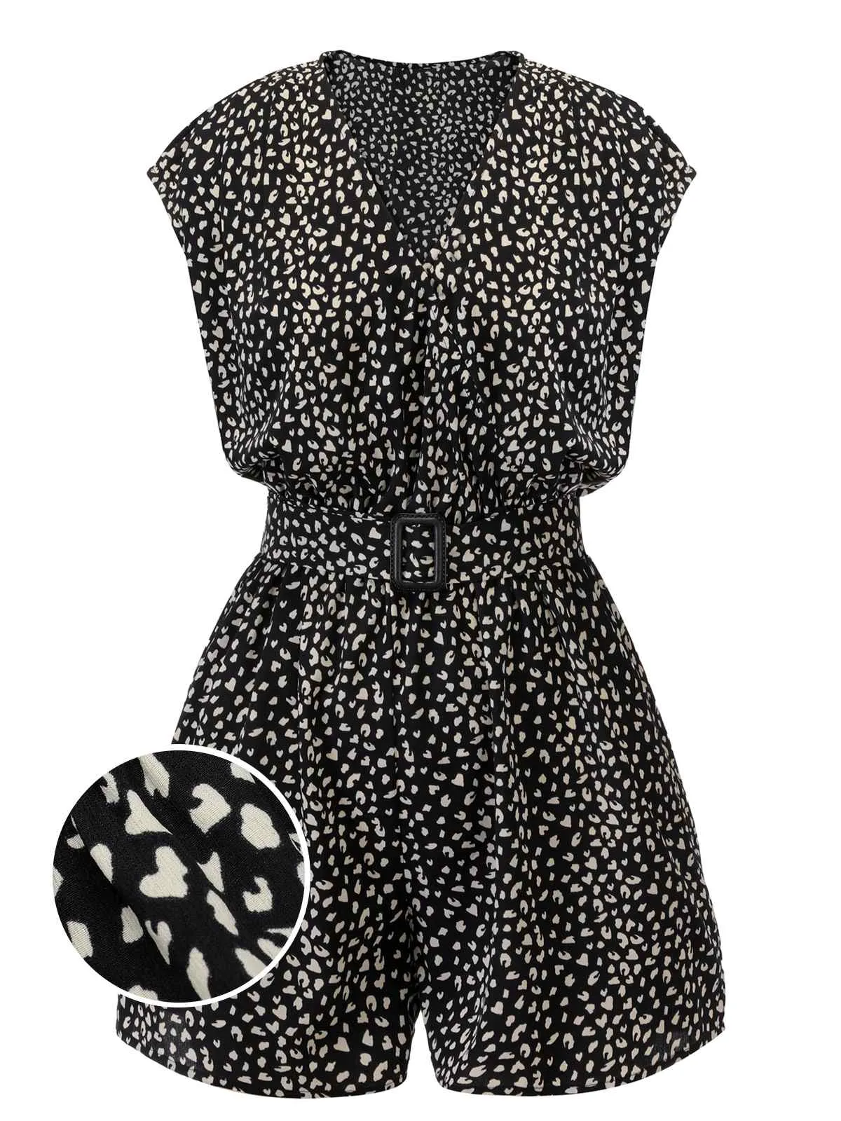 Black 1950s Printed V-Neck Belted Romper sold by Retro Stage