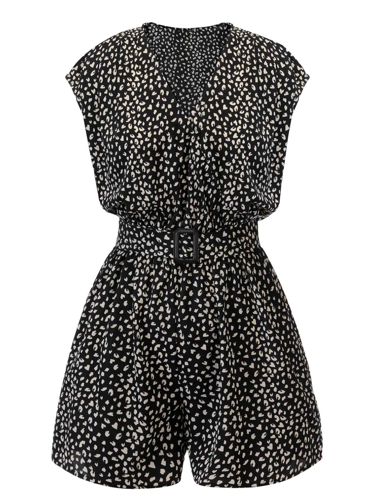 Black 1950s Printed V-Neck Belted Romper sold by Retro Stage product image thumbnail 2