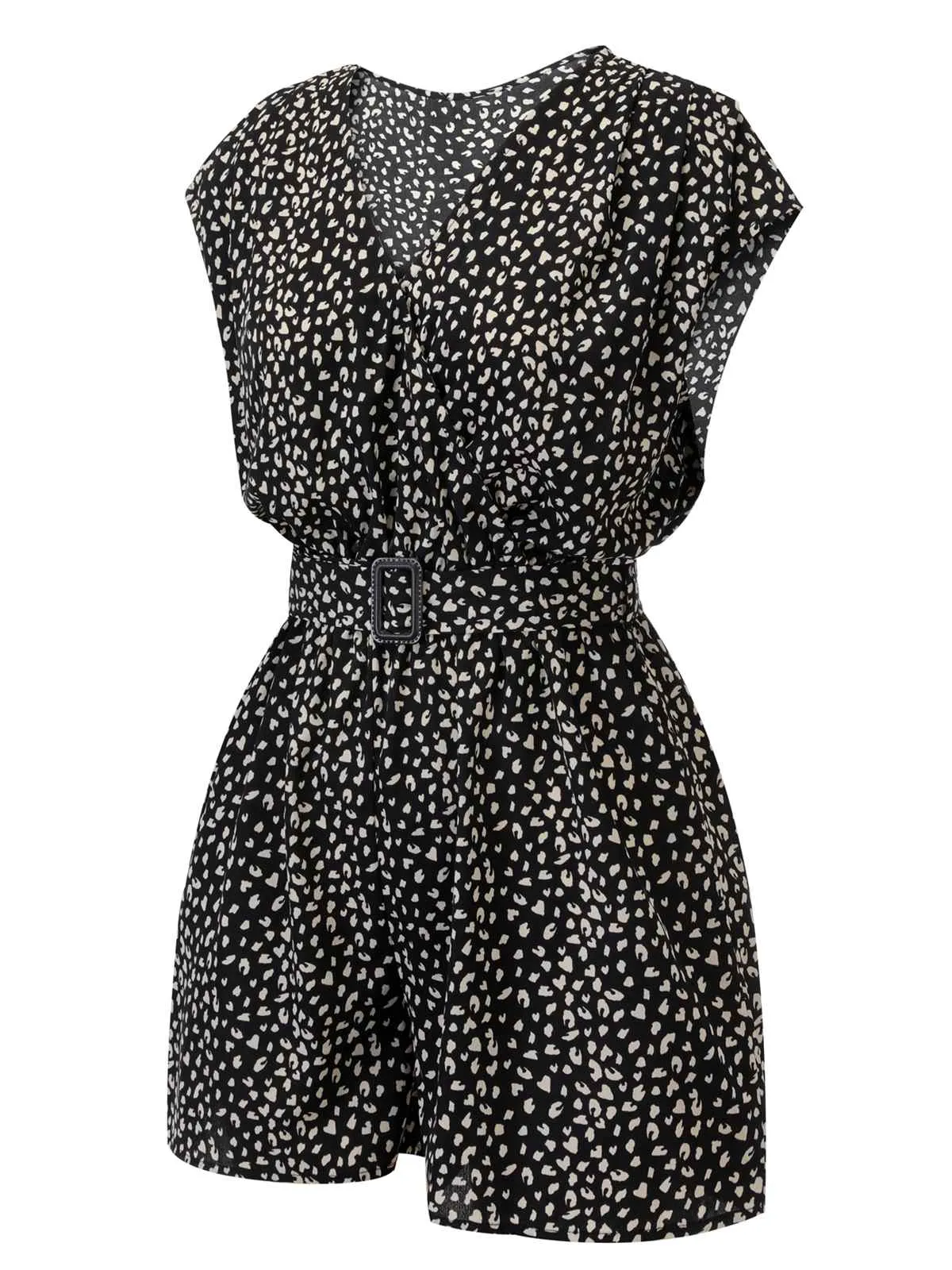 Black 1950s Printed V-Neck Belted Romper sold by Retro Stage product image thumbnail 3
